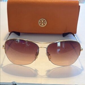 Tory Burch Gold and Brown Aviator Sunglasses